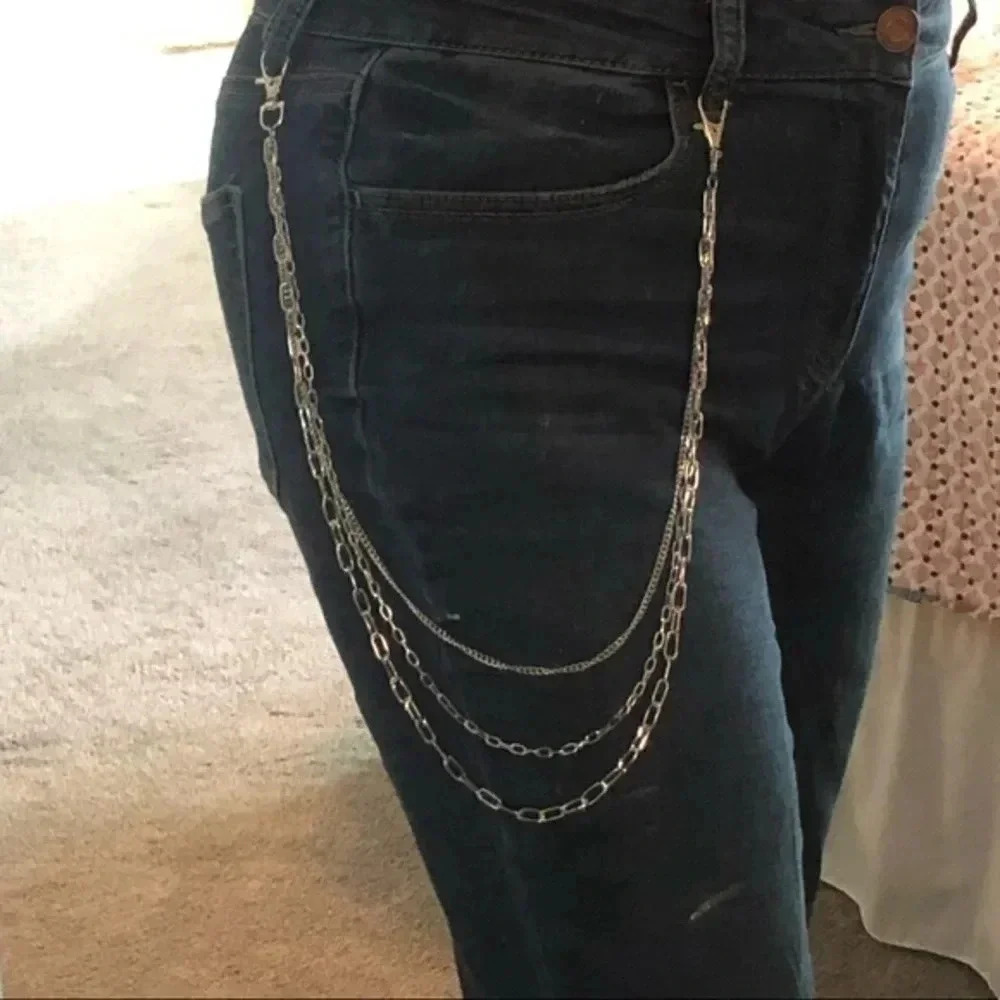 Triple Chain Paperclip Silver Tone Hip Jeans Pant Belt Loop Chain